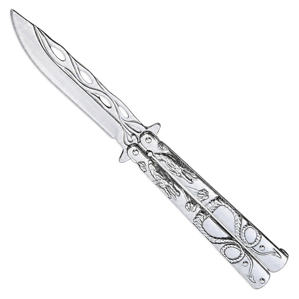 Silver Dragon Arc Butterfly Knife - Polished Steel