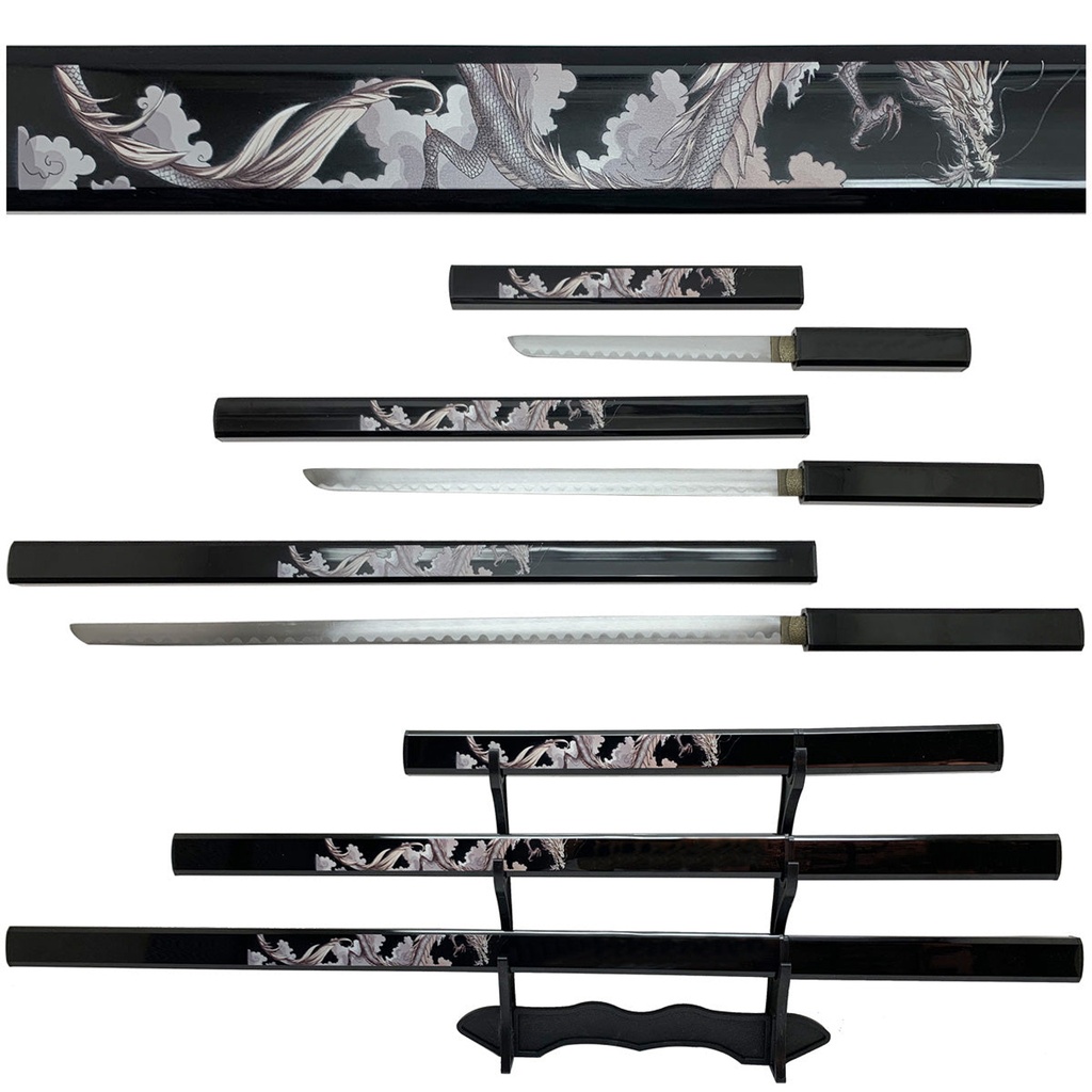 Black Dragon Triple Samurai Sword Set - Glossy Black