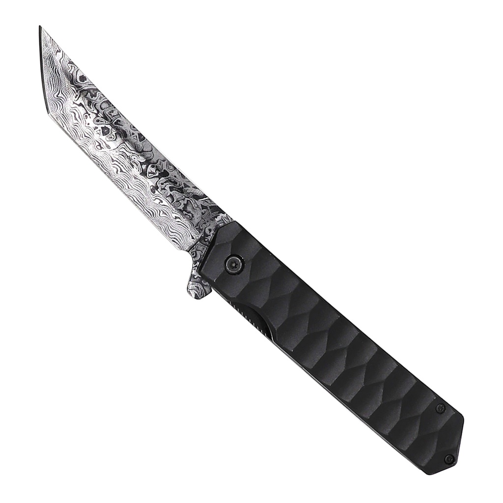 Modern Damascus Edge Spring-Assisted Knife - Black Aluminum