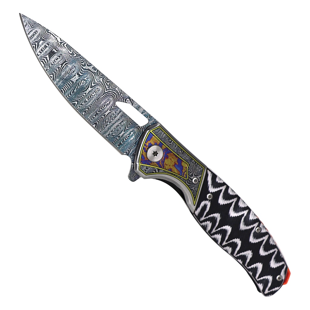 Ballistic Canvas EDC Folding Knife - Damascus Etched Micarta