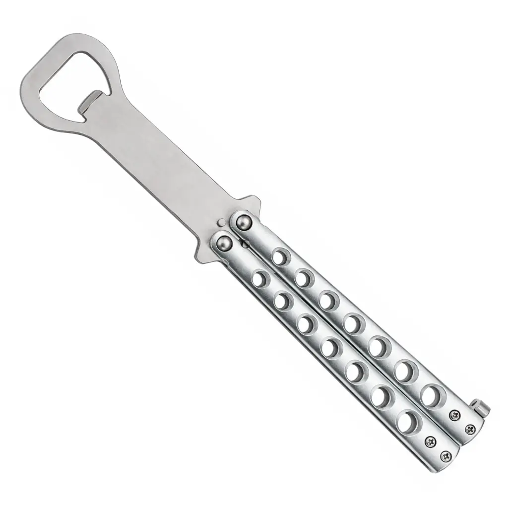Flip & Pop Balisong Trainer Bottle Opener - Silver Steel