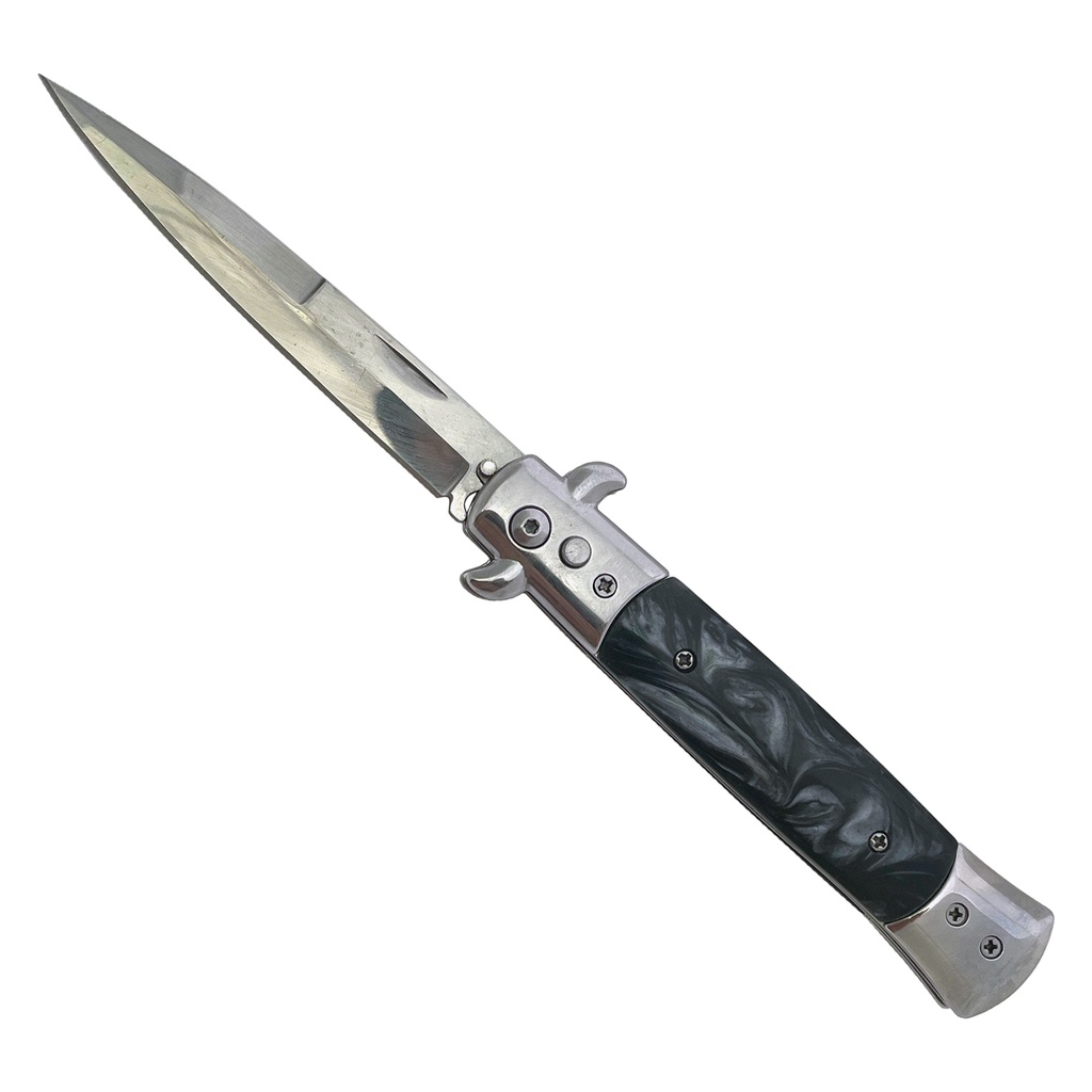 Midnight Marble Bolster-Release Stiletto Switchblade - Silver Blade