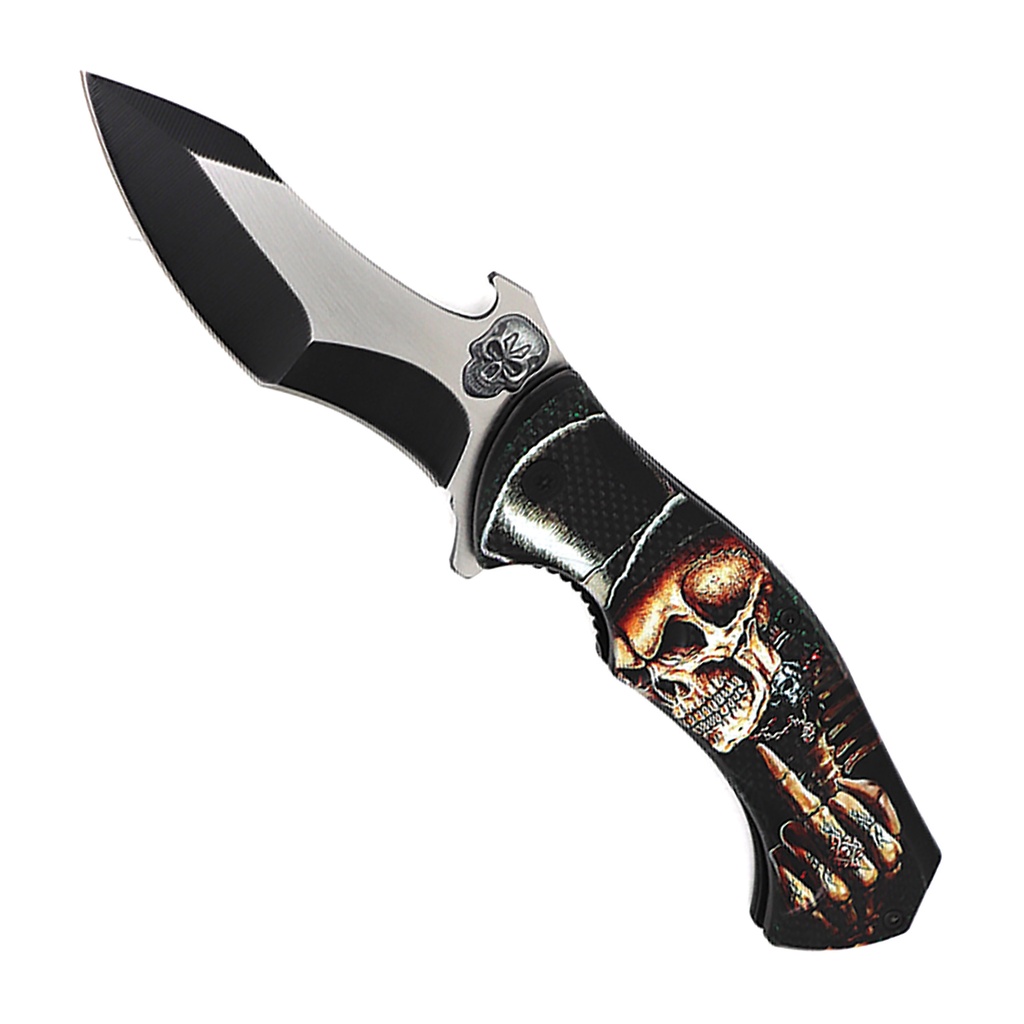 Rebel Signal Skull Flipper Assisted Opening Knife - Black Nylon Fiber