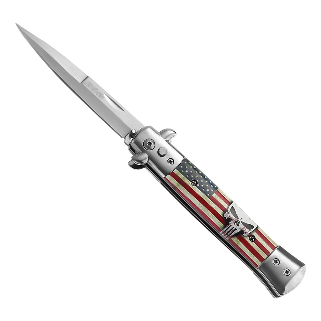 Patriot Skull Quick-Deploy Stiletto Switchblade - Black Wood