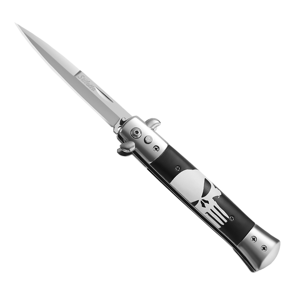 Punisher Skull Quick-Deploy Stiletto Switchblade - Black Marble Acrylic