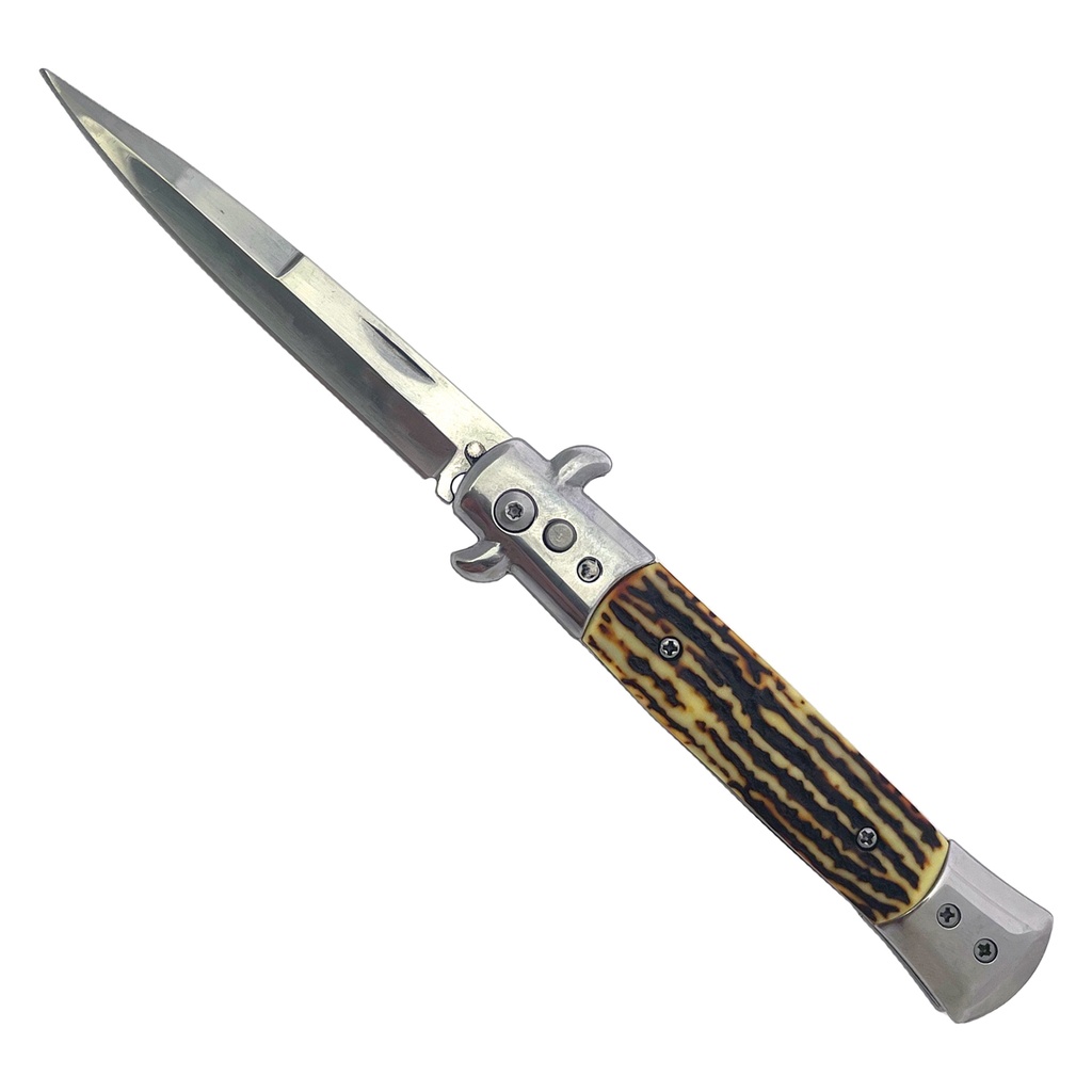 Heritage Bolster-Button Stiletto Switchblade - Stag Silver