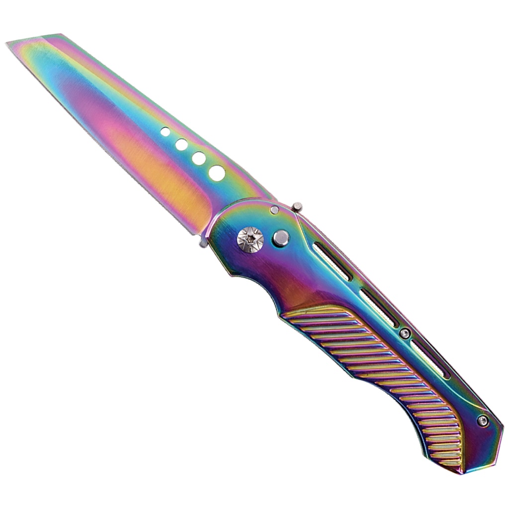 Prism-Edge Push-Button Wharncliffe Automatic Knife - Rainbow Steel