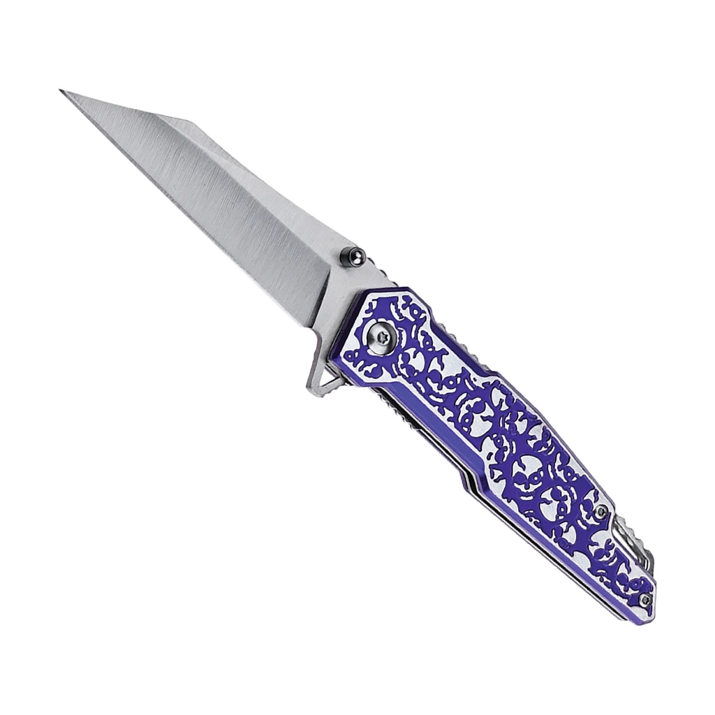 Venom Kiss Skull-Engraved Spring-Assisted Knife - Purple Aluminum