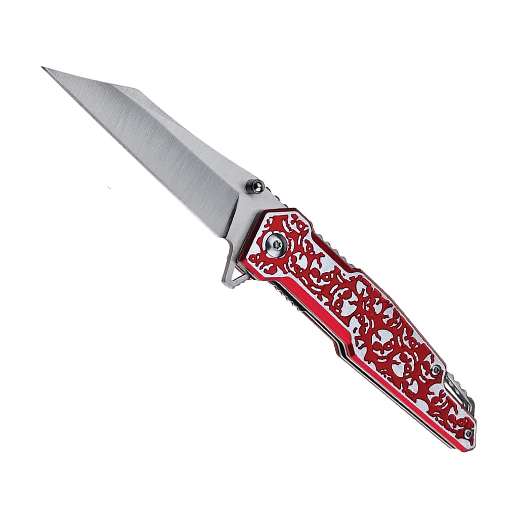 Venom Kiss Skull-Engraved Spring Assisted Knife - Red Aluminum