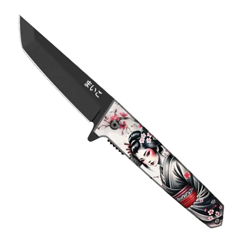 Blossom Geisha Quick-Deploy Spring Assisted Knife - Black Tanto
