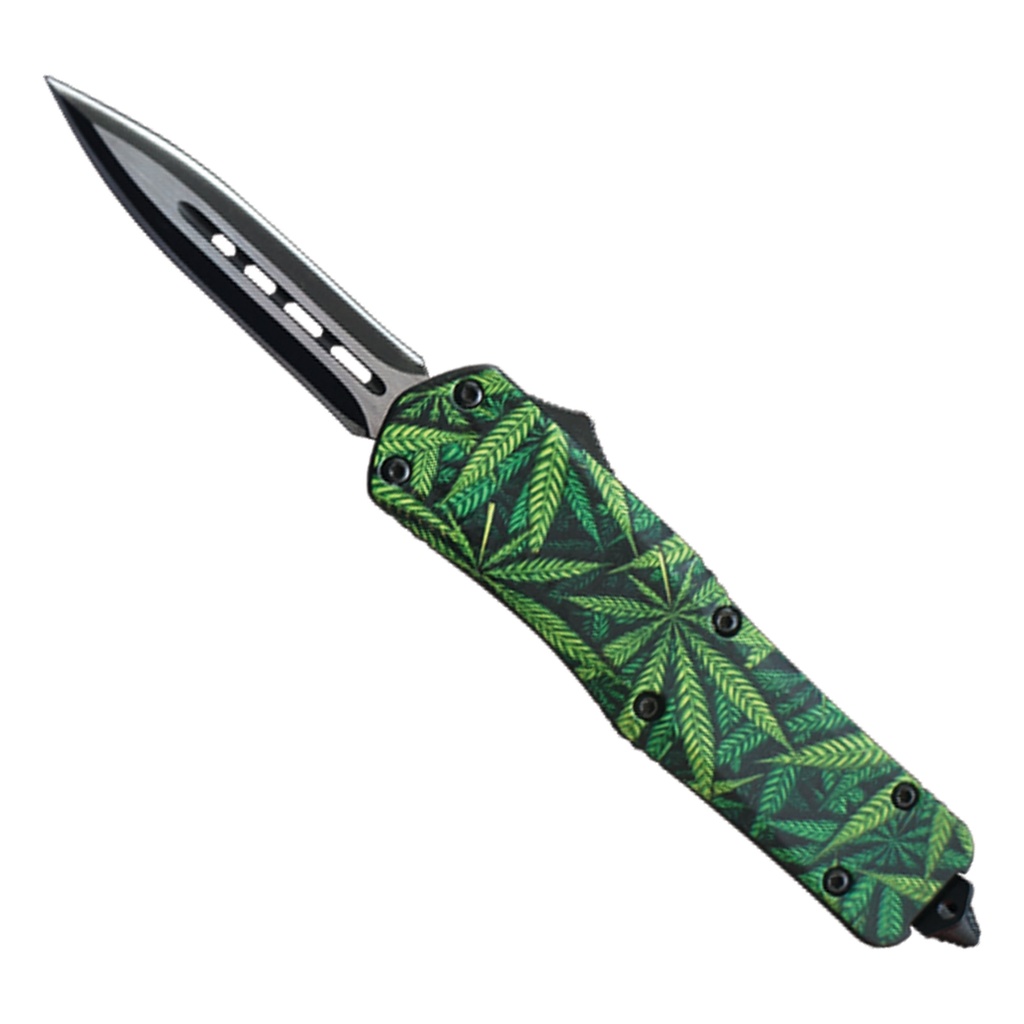 Marijuana Leaf Crest Quick-Deploy OTF Knife - Matte Aluminum