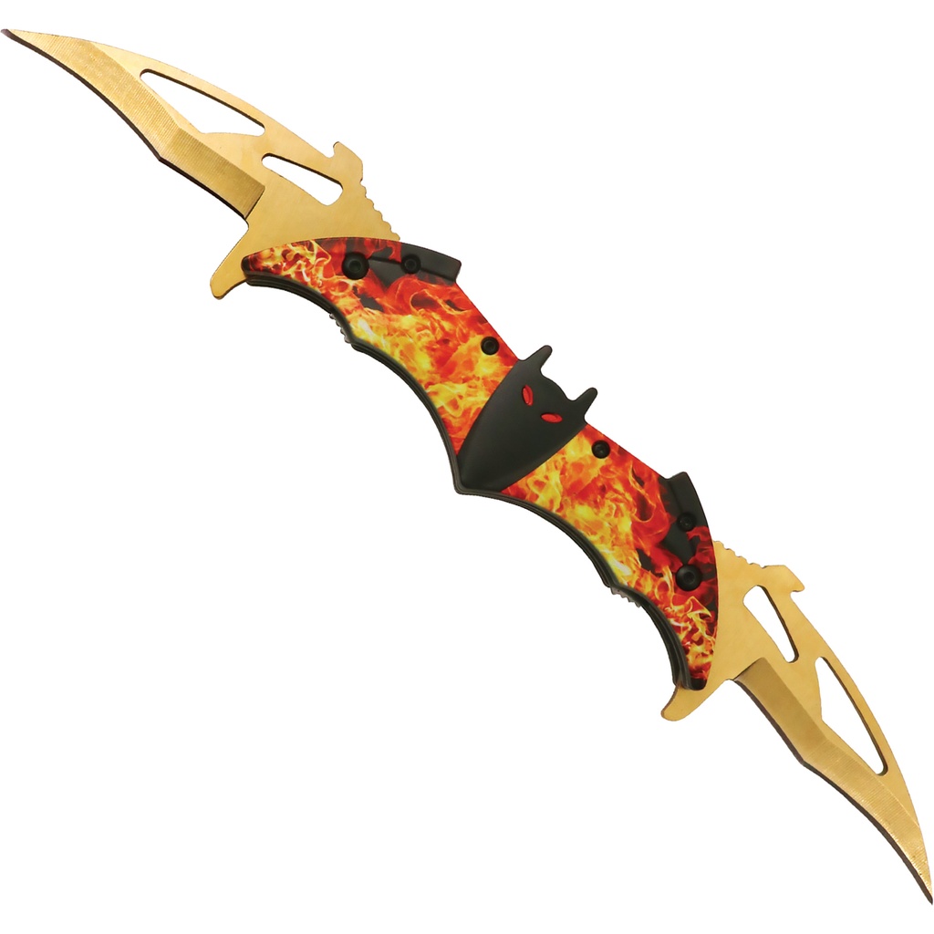 Inferno Batwing Dual-Blade Assisted Knife - Gold Flames