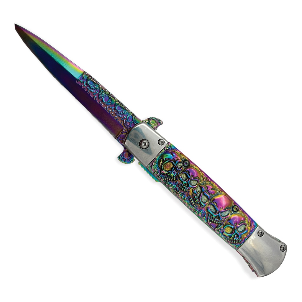 Rainbow Reaper Skull-Stiletto Assisted Opening Knife - Iridescent Steel