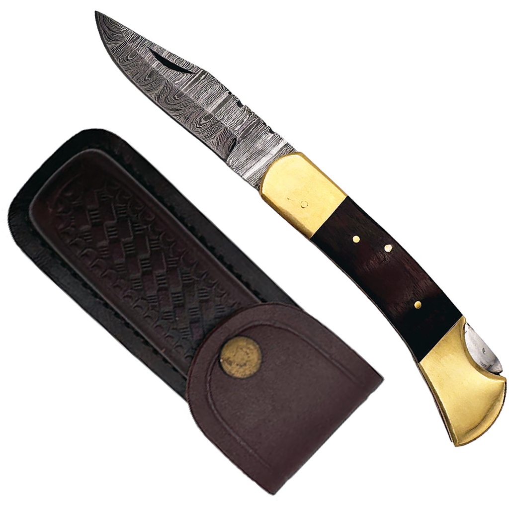 Heritage Trail Damascus Folding Knife - Wood Handle