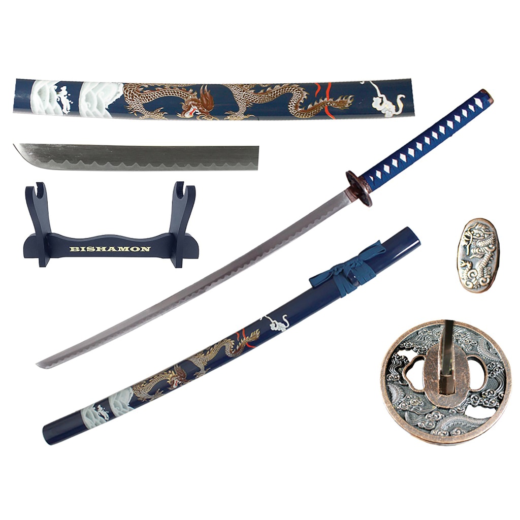 Bishamon Guardian Blue Dragon Samurai Sword - Katana Display Set