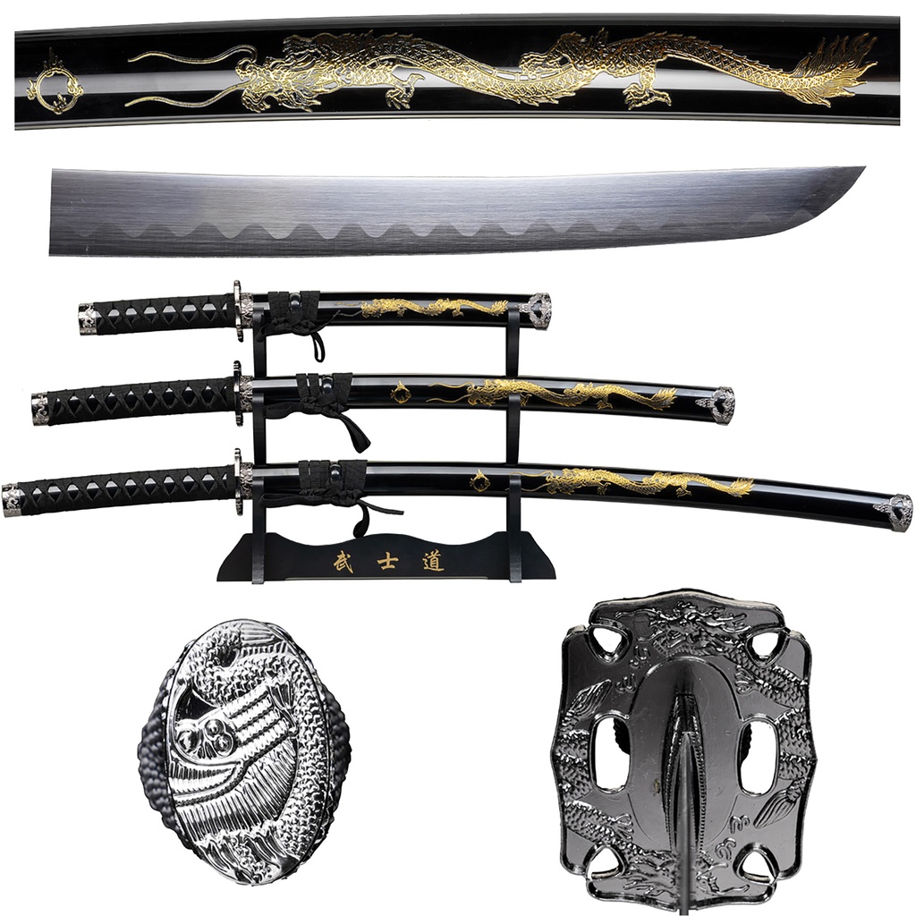 Dragon’s Vigil Display Samurai Sword Set - Black Gold