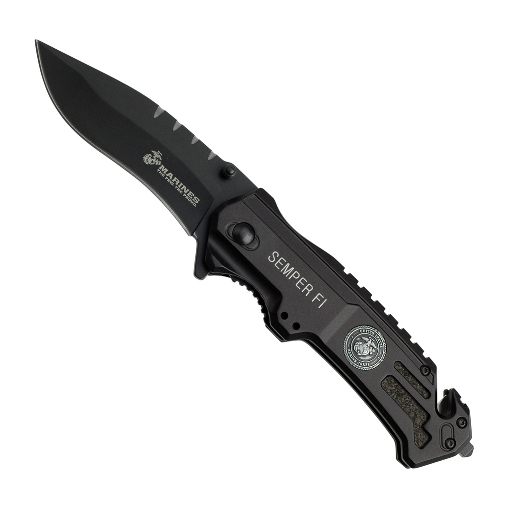 Semper Fi Leatherneck Tactical Assisted Knife - Black Aluminum