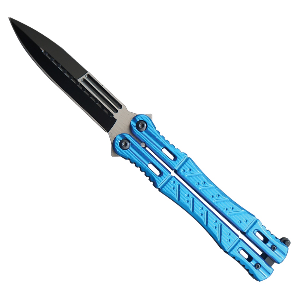 Tactical Spear Point Aluminum Handle Butterfly Knife - Blue