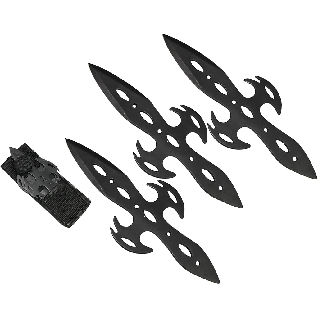 Flame-Cut Black Warrior Throwing Knife Set - All-Black Steel