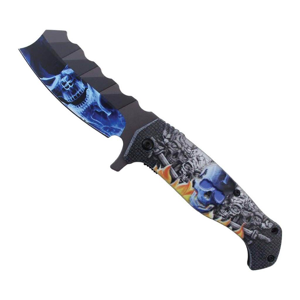 Blue Reaper Flame-Cleaver Assisted Folding Knife - Flaming Skulls
