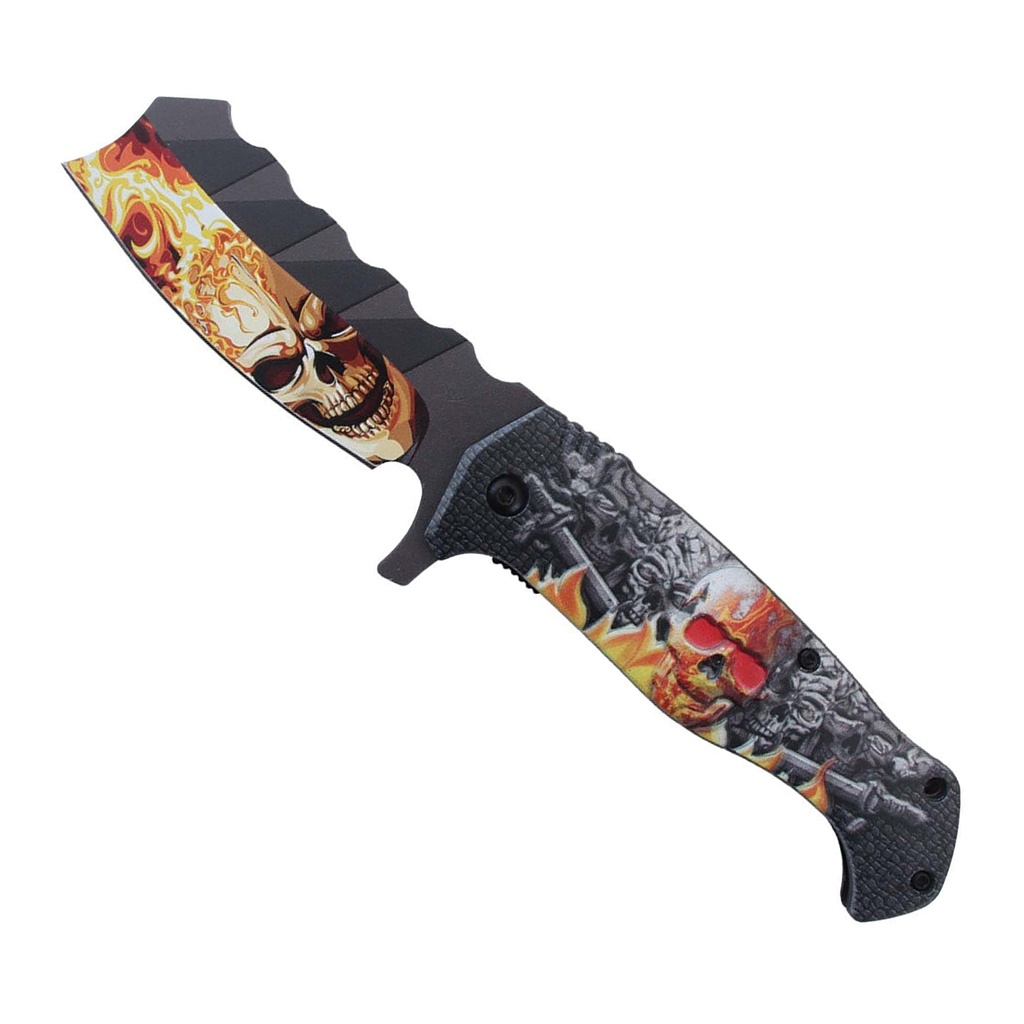 Hellfire Reaper Cleaver Assist Folding Knife - Red Flaming Skulls