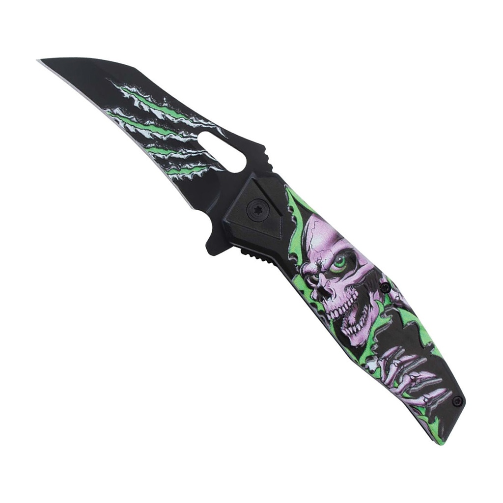 Neon Reaper Skull-Art Assisted Folding Knife - Green