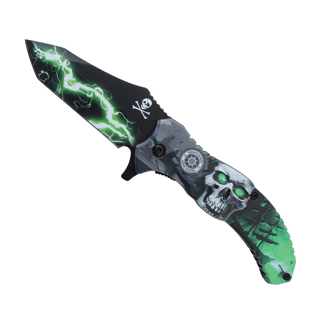 Lightning Surge Skull Assist-Open Folding Knife - Green 3D