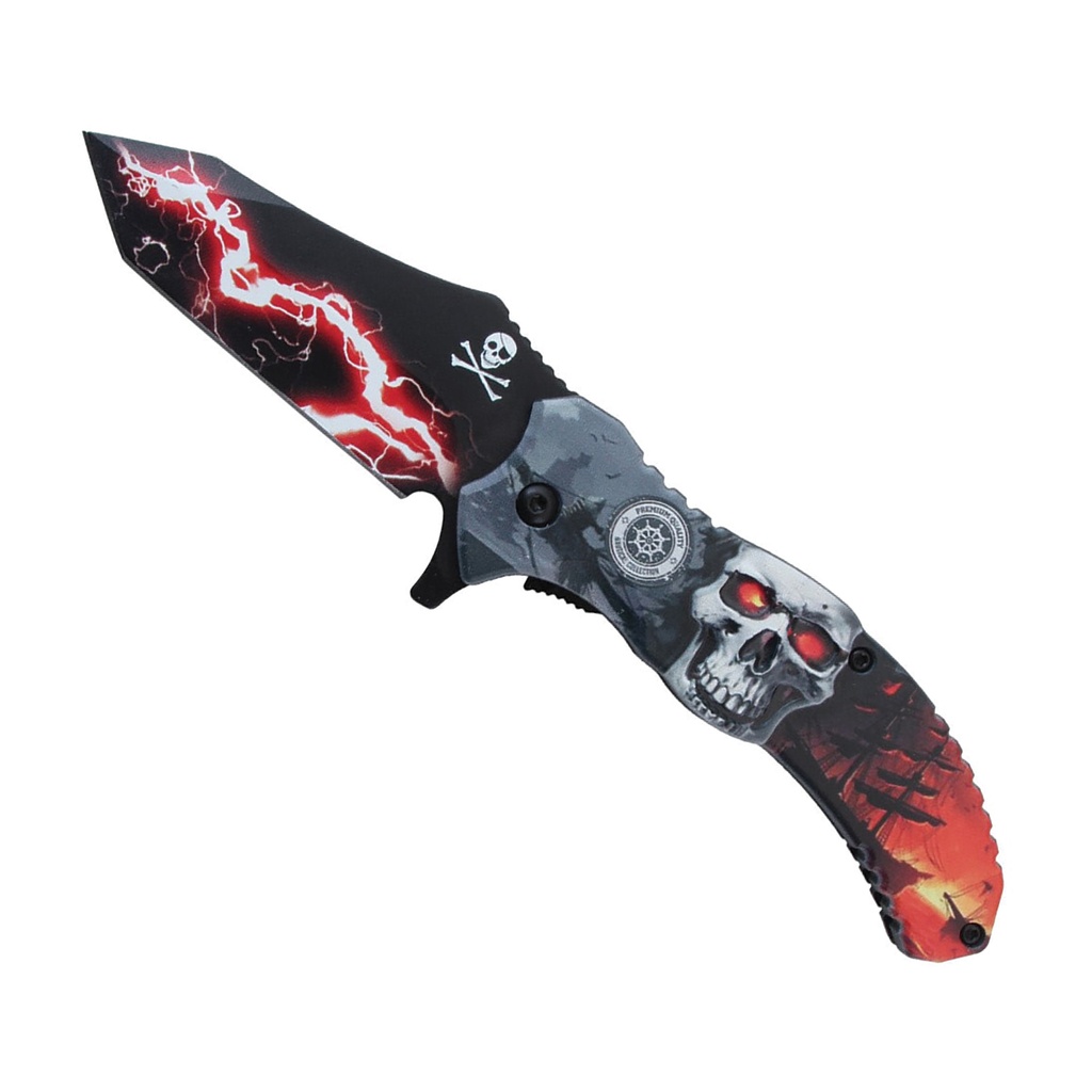 Storm Reaper Lightning Skull Assisted Folding Knife - Red Black