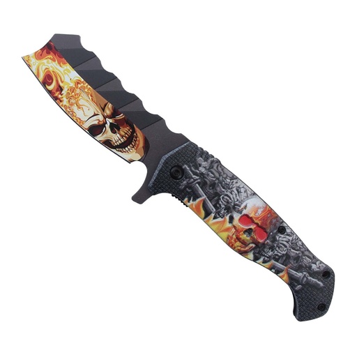 Hellfire Reaper Cleaver Assist Folding Knife - Red Flaming Skulls